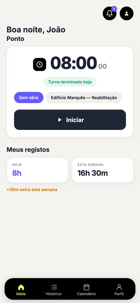 App de ponto Buildflow: escolher a obra e iniciar o turno