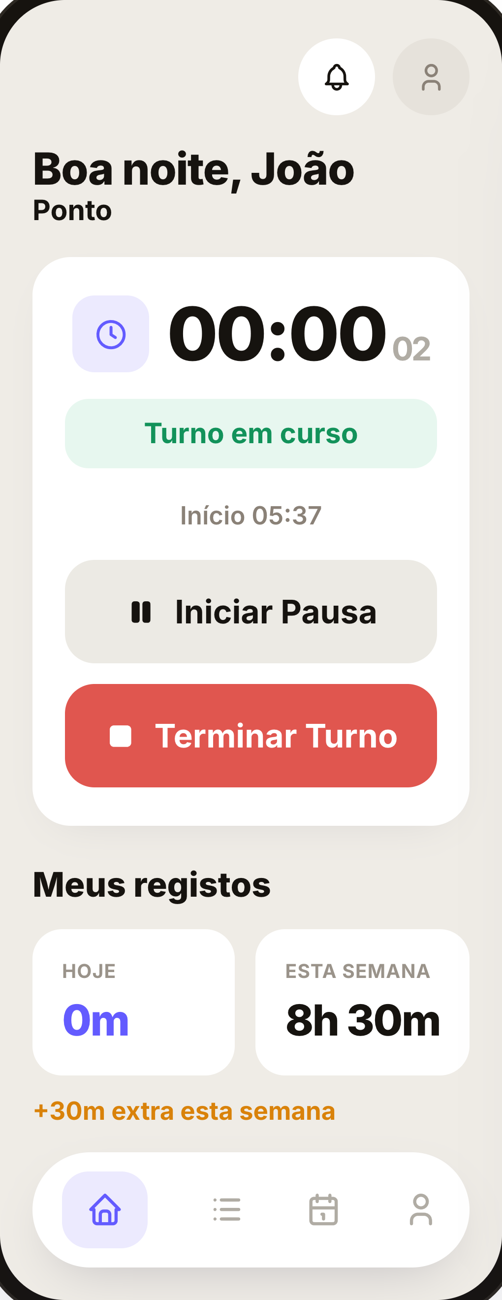 App de ponto Buildflow: turno em curso, pausa e terminar
