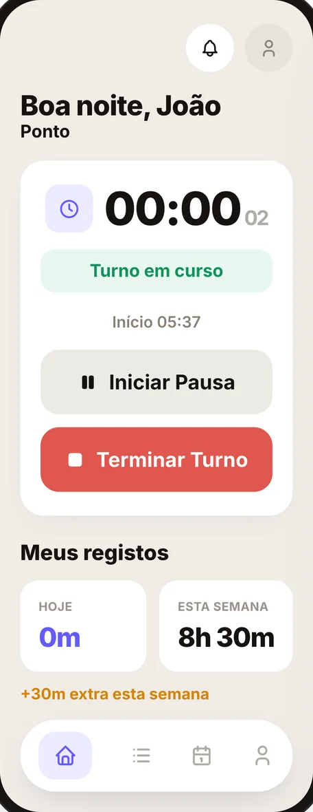 App de ponto Buildflow: turno em curso, pausa e terminar