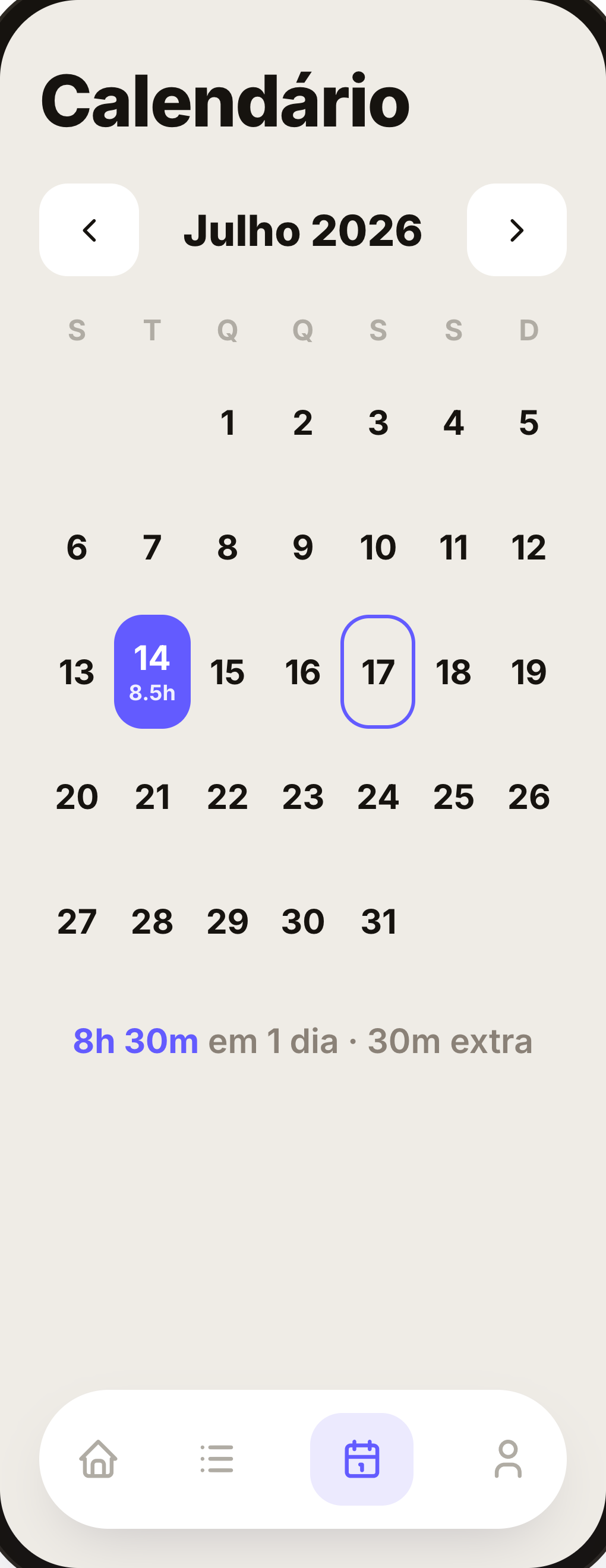 App de ponto Buildflow: calendário de horas