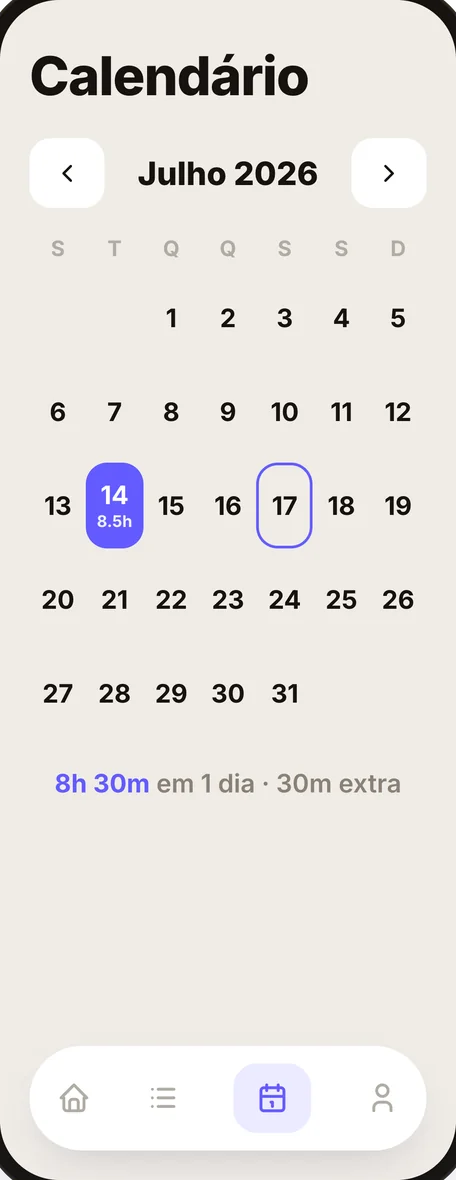 App de ponto Buildflow: calendário de horas